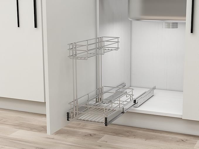 Under Sink Organizer 9" W X17 D, Pull Out Cabinet Organizer 2 Tier, Under Sink Slide Out Chrome Plated, Under Kitchen Bathroom Organizer, Pantry Cabinet Closet Organization Rack, 1 Pack