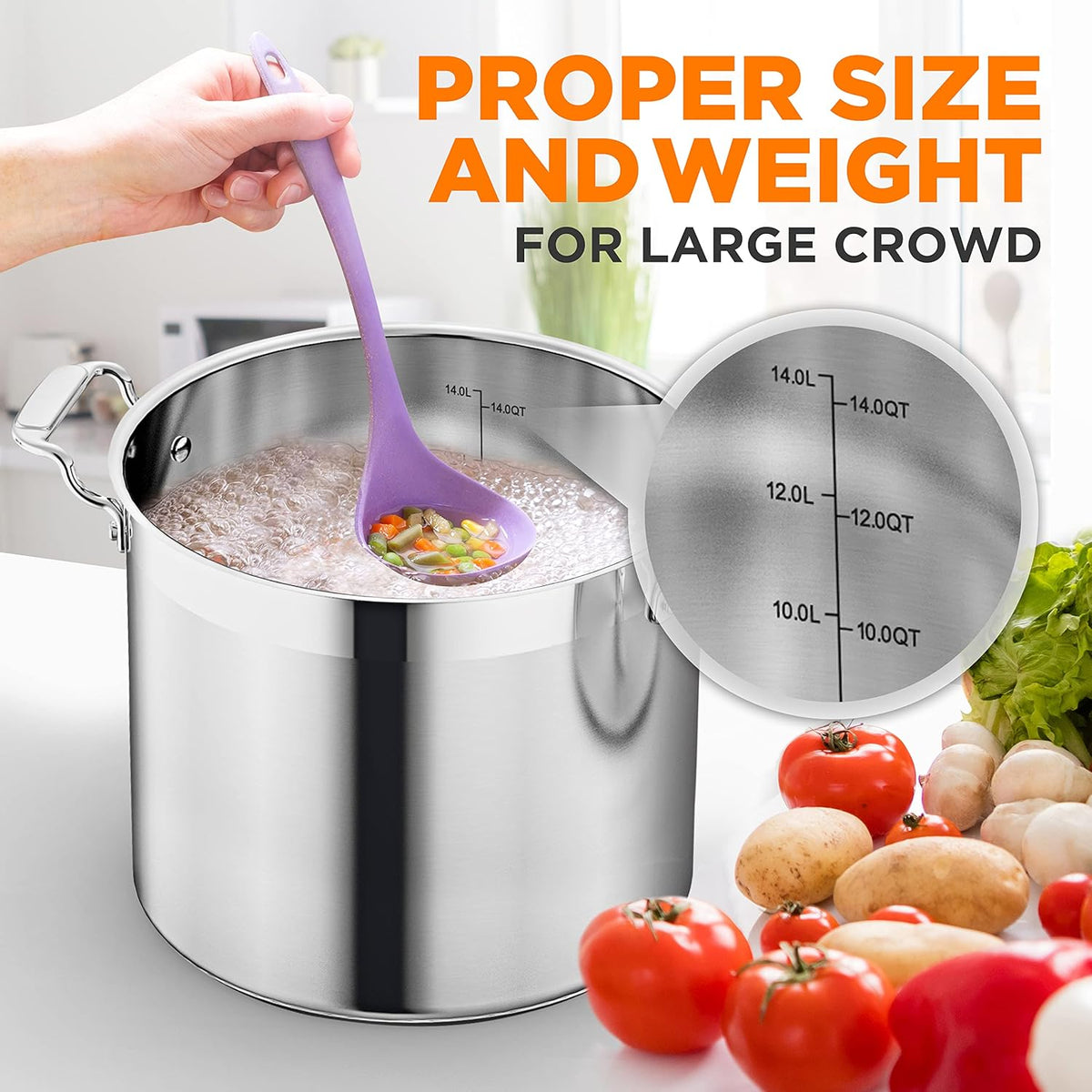NutriChef 14 Quart Stock Pot with Lid - Heavy Duty Stainless Steel, Induction Ready, Ergonomic Handles