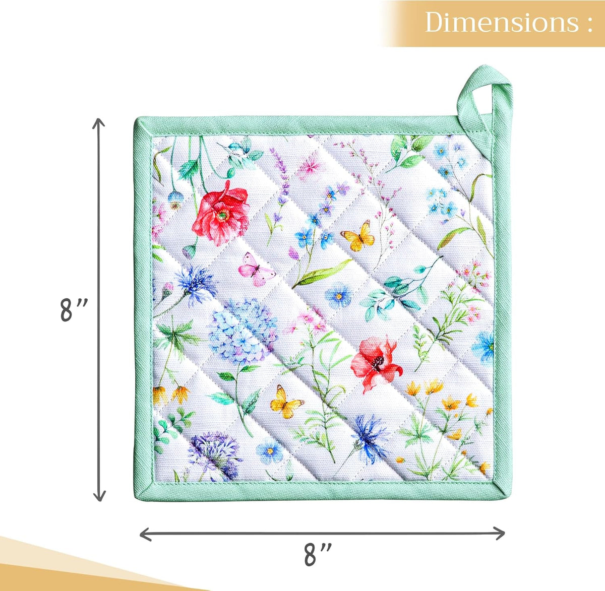 Maison d' Hermine Pot Holders Set 100% Cotton Heat Resistant Potholders 8" x 8" Hot Pads with Loop BBQ, Cooking, Baking, Grilling, Kitchen, Handling Hot Pans Spring/Summer (Pack of 2, Just Floral)