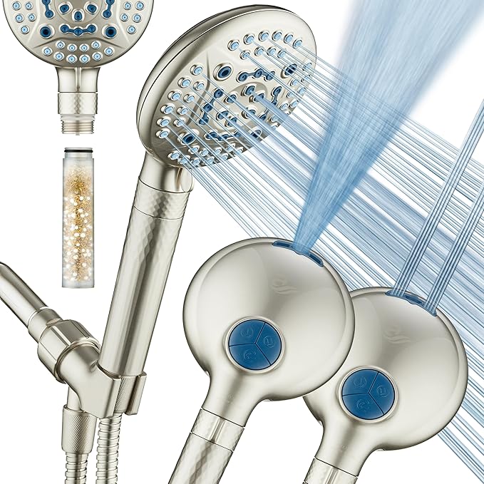 AquaCare 4X High Pressure 10-mode Filter Handheld Shower Head with Dual Power Wash - Clean Tub, Tile & Pets, Remove Chlorine, Metals & Toxins from Water to Protect Skin, Hair & Nails. Nickel Finish