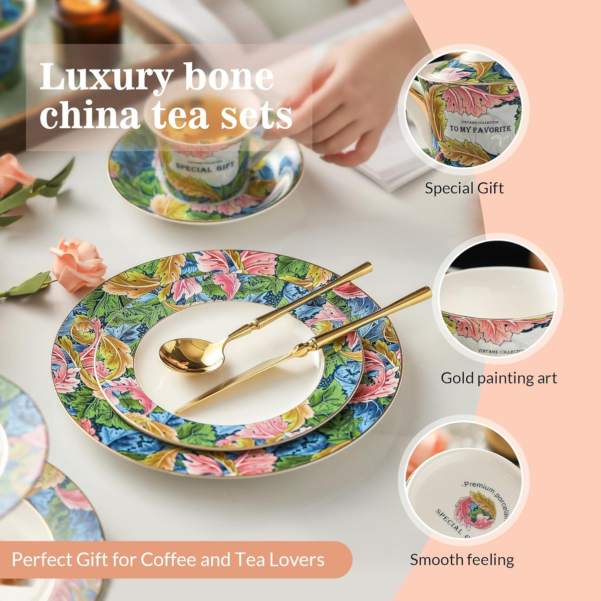 ACMLIFE Porcelain Tea Set for Adults, 15-Piece Green Bone China Tea Set for Women, Tea Cups and Saucers Set Service for 4, Gift (green, large set 13)