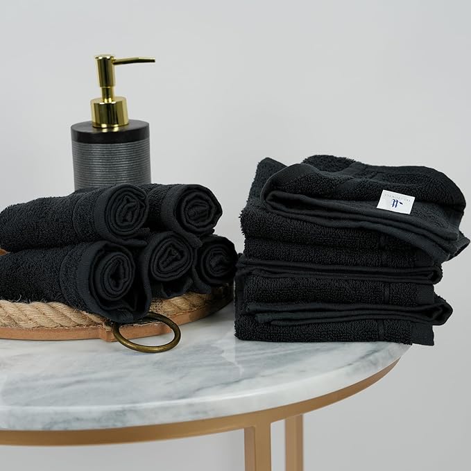 Tens Towels Pack of 24 Washcloths, 12 x 12 Inches, Lighter Weight, Quick to Dry, Super Soft & Absorbent, Gentle Face Towels, Hotel Quality, Perfect for Bathroom, Gym, Spa (Black, 24 Pack)