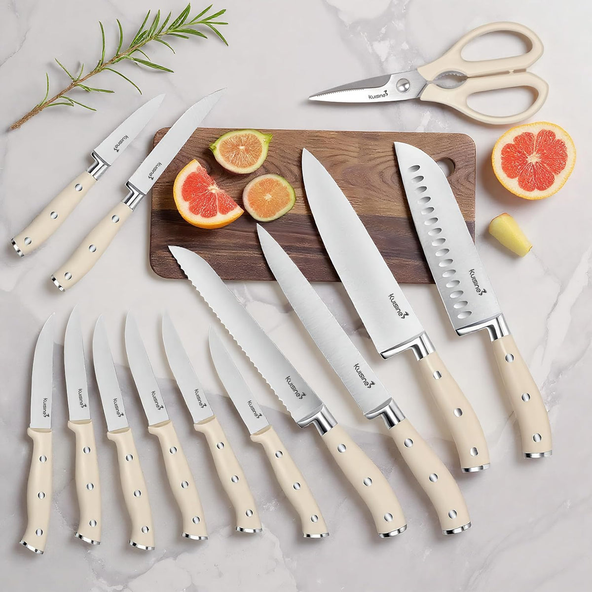 KUISINE Knife Set High Carbon Stainless Steel Ultra Sharp Blade Ergonomic Handle,Knife Block Set with Built-in Sharpener(Ivory Acacia,15PCS)
