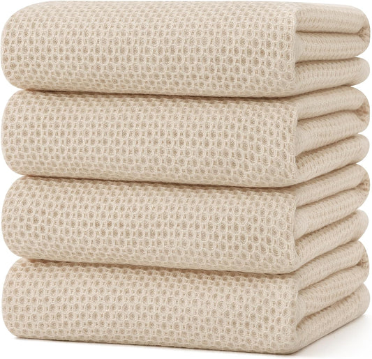 Kitinjoy 100% Cotton Waffle Weave Kitchen Towels, 4-Pack Super Soft and Absorbent Dish Towels for Drying Dishes, Kitchen Hand Towels, 20 in x 28 in, Beige