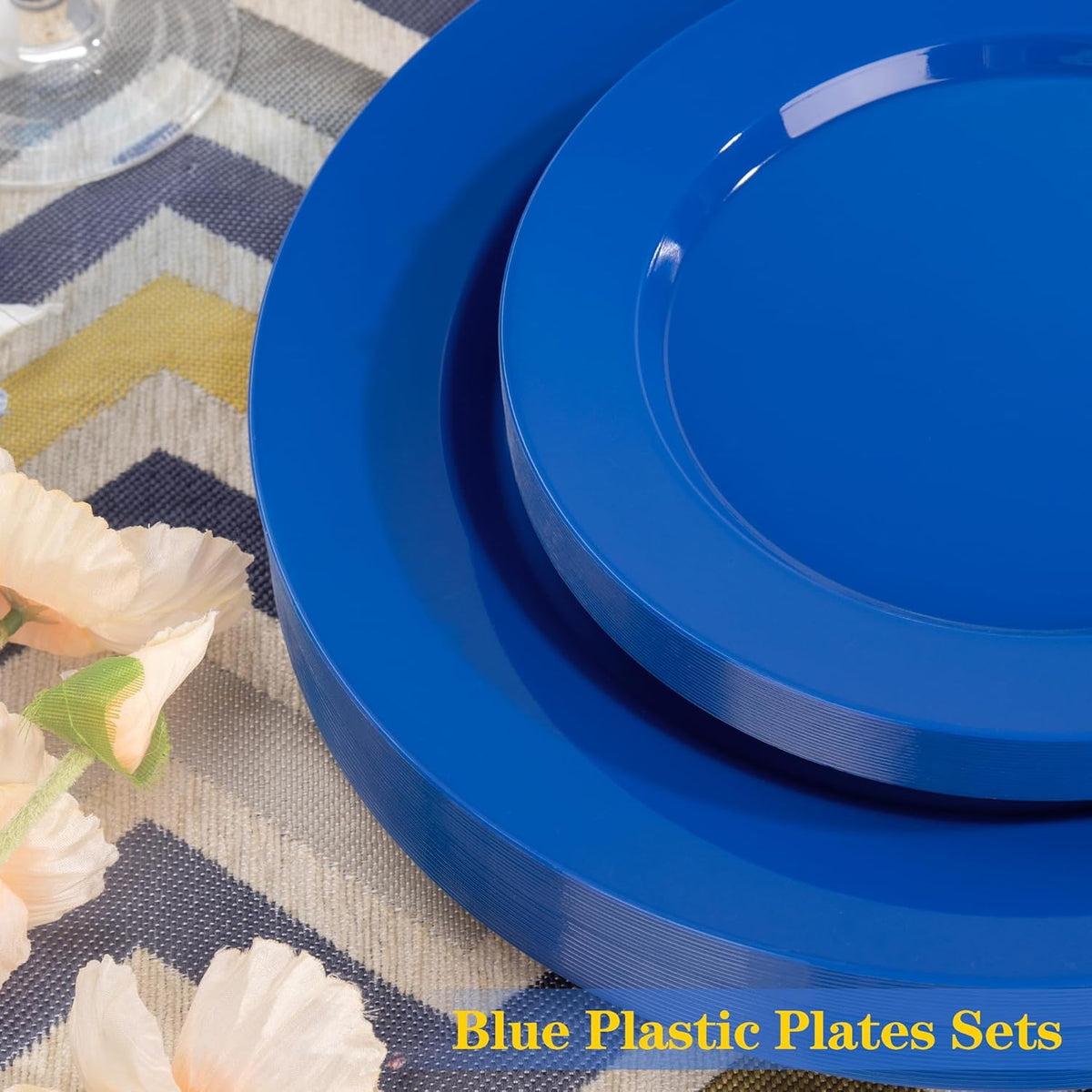 I00000 200 Pcs Blue Plastic Plates, Disposable Party Plates Include 100 Blue Dinner Plate 10’’ and 100 Plastic Dessert Plate 7’’ Perfect for Birthday, Party & Wedding