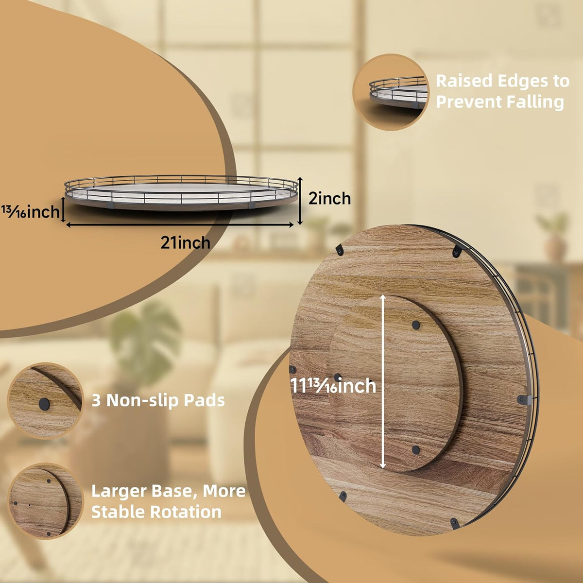 Acacia Wood 21" Lazy Susan Turntable Organizer for Table Top, Farmhouse Extra Large Round Lazy Susan for Serving Kitchen Countertop Cabinet for Charcuterie Centerpiece, Bathroom Vanity Tray Decor