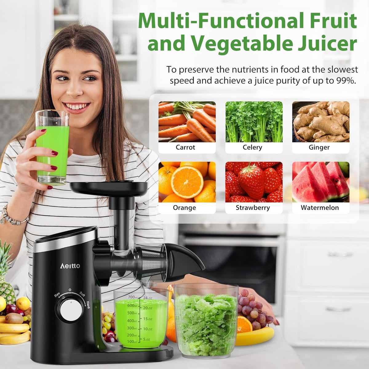 Aeitto Juicer Machines with Soft & Hard Modes, Quiet Motor, Reverse Function, Juicer Machines Vegetable and Fruit, Cold Press Juicer, Easy to Clean with Brush