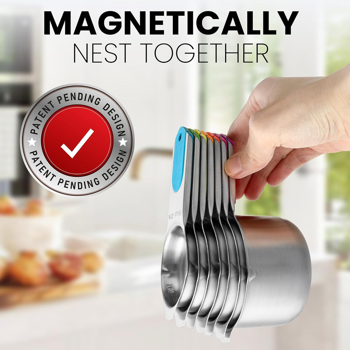 Spring Chef Magnetic Stainless Steel Measuring Cups, Patented, Kitchen Tools with Easy to Read Markings for Measuring Dry or Liquid Ingredients, Set of 7, Neon