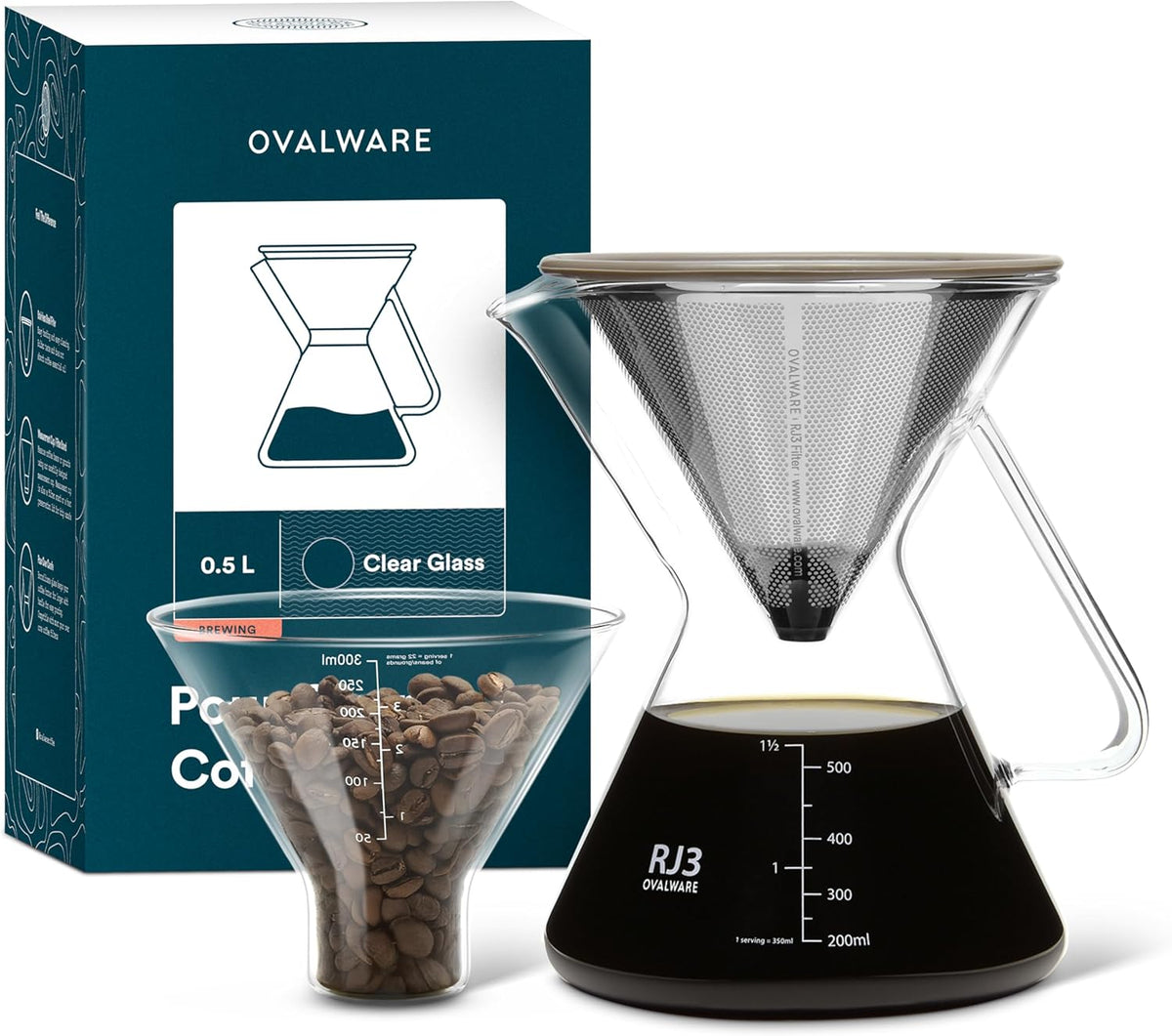 ovalware Pour Over Coffee Maker Set | 17oz / 0.5L Borosilicate Carafe with 304 Stainless Steel Filter and Precision Measuring Cup | Glass Coffee Dripper for Home Brewing