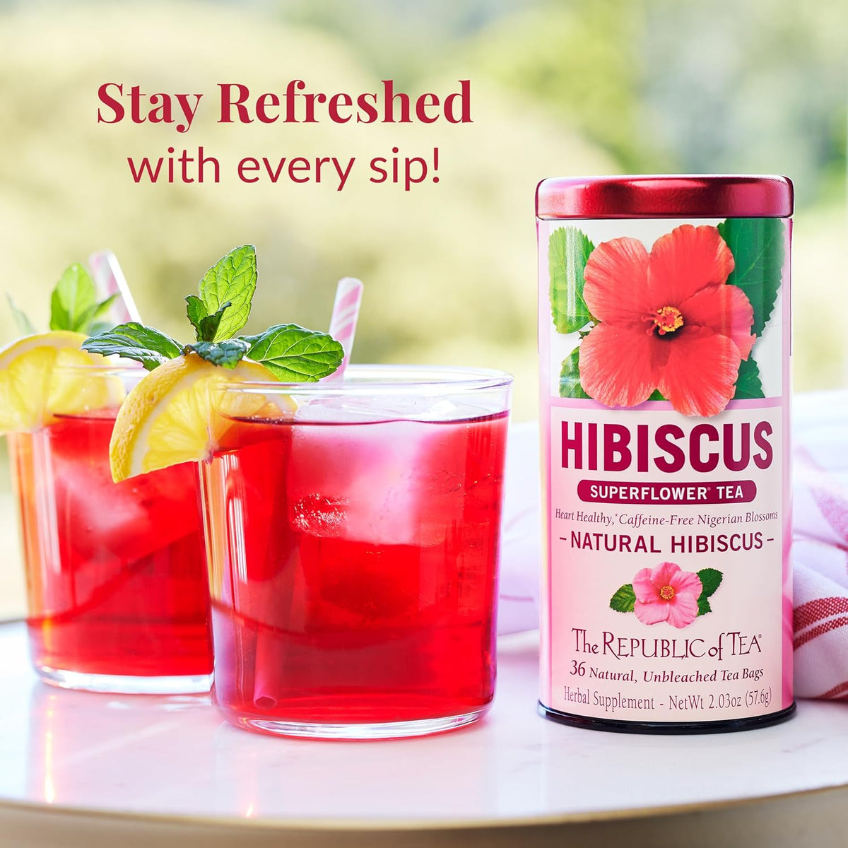 The Republic of Tea Natural Hibiscus Superflower Herbal Tea, Ruby Red Hibiscus Fine Blend, 36 Tea Bag Refill