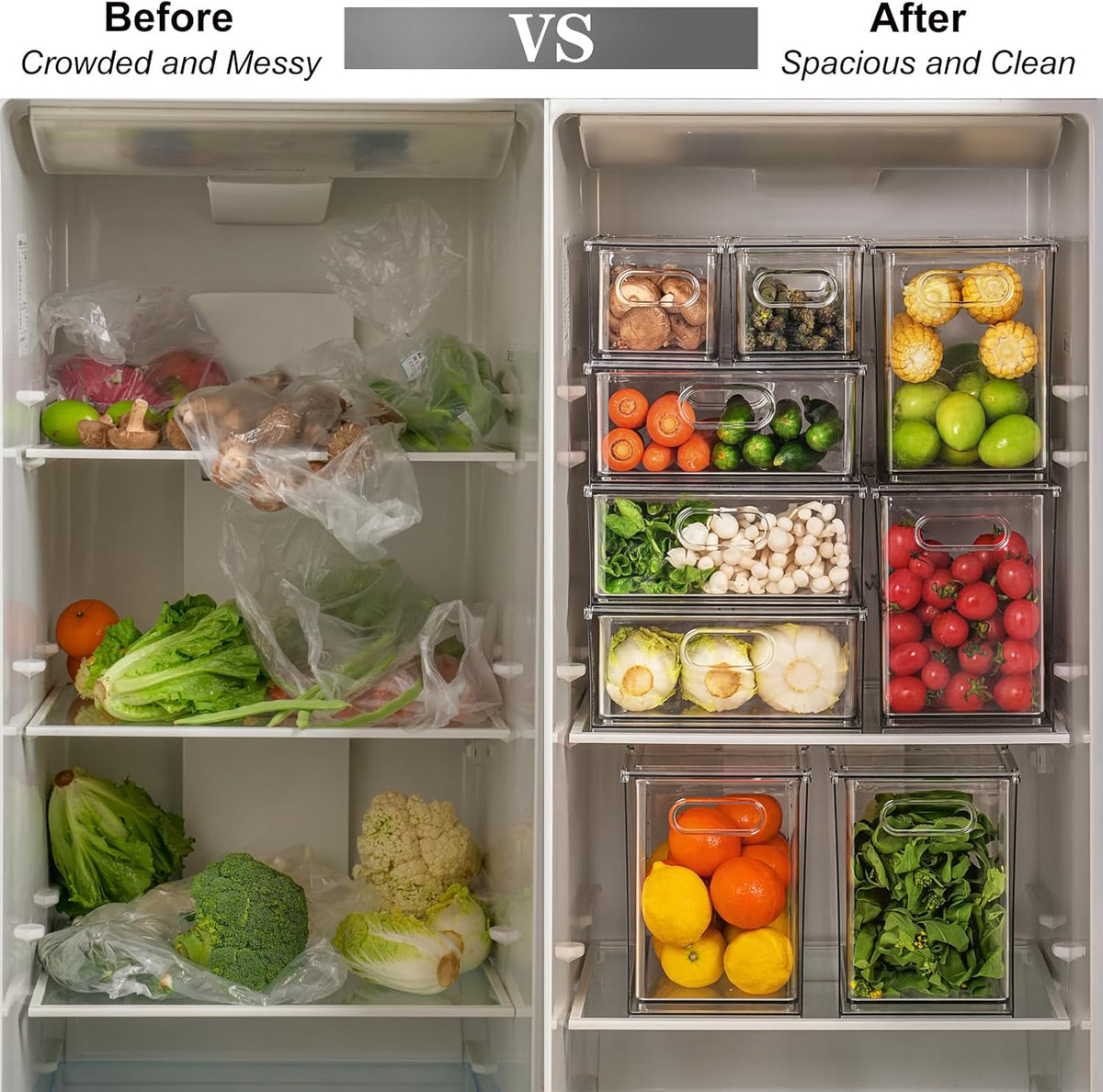 Taiuloo 2 Pack Stackable Refrigerator Organizer Bins with Pull-Out Drawer, Clear BPA-Free Food Storage Containers for Fridge Freezer, Kitchen Pantry Cabinet & Bathroom Vanity Organization