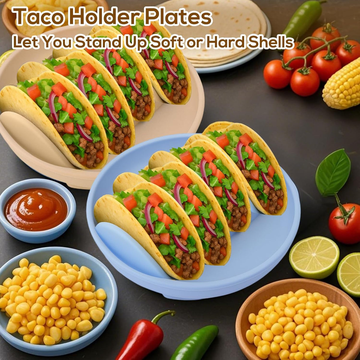 Silicone Taco Holder Plates Set of 4 - Reusable Taco Stand Plates with 4-Shell Slots, Oven/Microwave/Dishwasher Safe, Non-Slip Base for Tortillas Party Serving, Family Dinner & Meal Prep Accessories