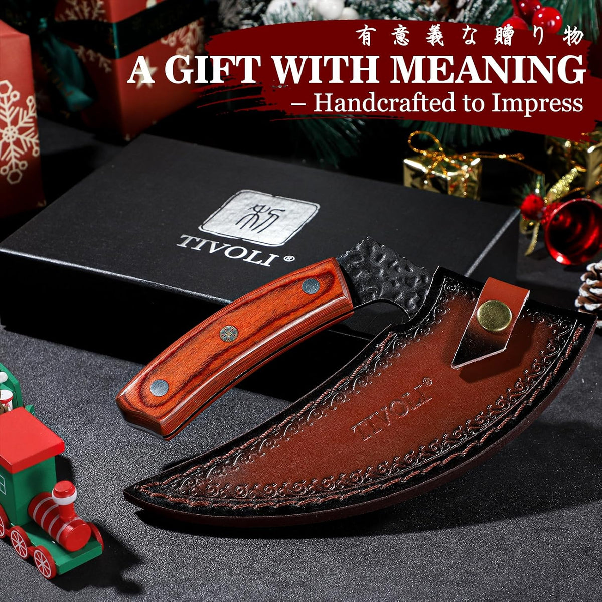 TIVOLI Ulu Knife with Sheath – Full Tang Rosewood Handle, Gift Box Included, Pizza Cutter & Viking Butcher Cleaver Knife for Meat and Herbs, Great for Outdoor Cooking and Unique Japanese Gifts for Men