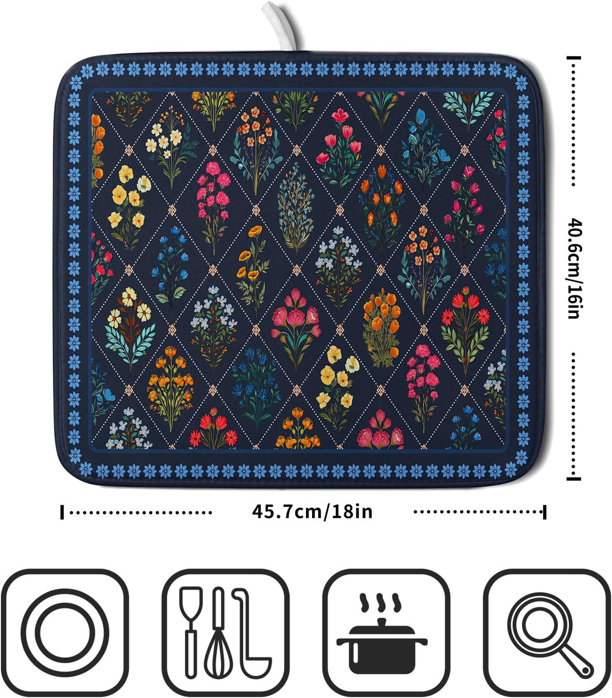 Lapis Blue Dish Drying Mat for Kitchen Counter Flowers Microfiber Absorbent Dish Draining Reusable Washable Small