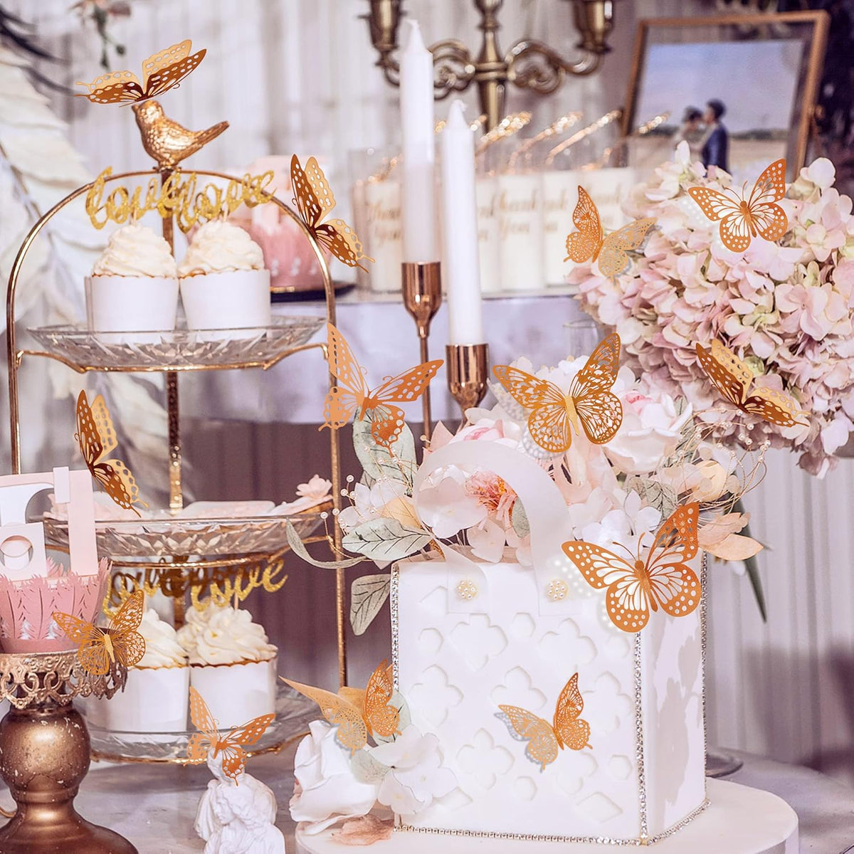 SAOROPEB 3D Butterfly Wall Decor, 48 Pcs 4 Styles 3 Sizes, Removable Metallic Wall Sticker Room Mural Decals for Kids Bedroom Nursery Classroom Party Decoration Wedding Decor DIY Gift (Rose Gold)