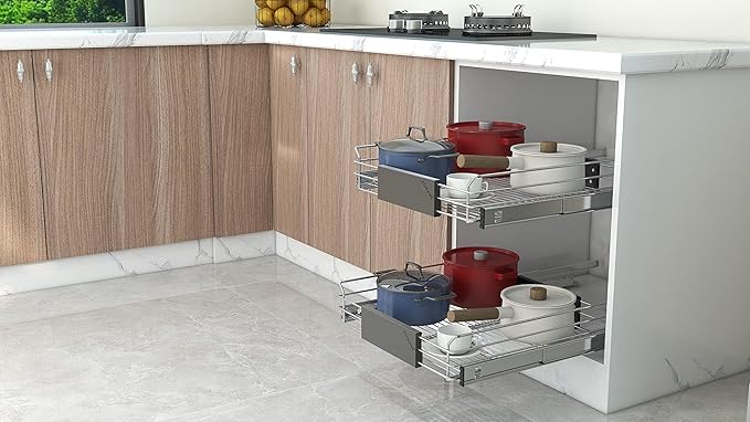 Expandable Pull Out Cabinet Organizer, Slide Out Drawers for Kitchen Cabinets, Heavy Duty Storage Drawers, Chrome Plated Cabinet Wire Shelf, Adjustable Width 12.5~20.2" W x 17.3" D