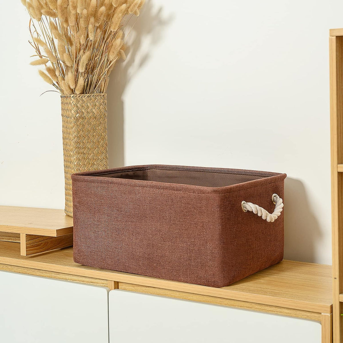 TheWarmHome Decorative Basket Rectangular Fabric Storage Bin Organizer Basket with Handles for Clothes Storage (Brown,Large-3Pack,15.7L*11.8W*8.3H)