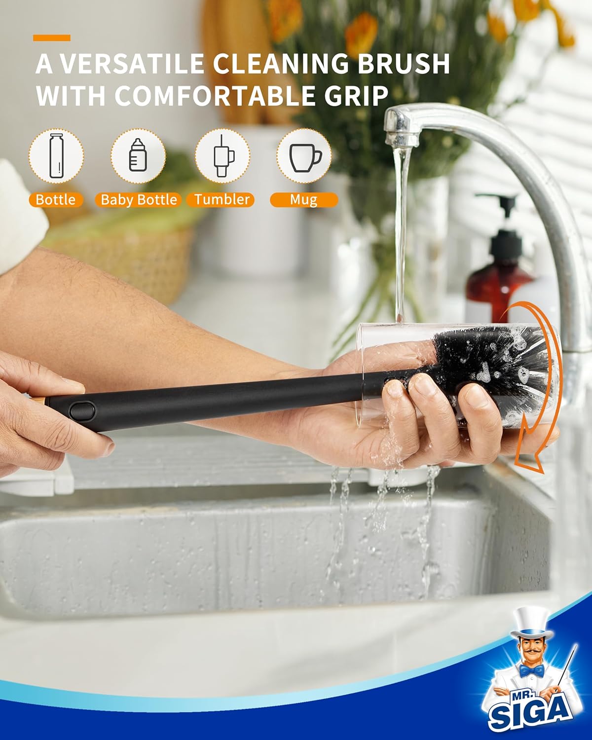 MR.SIGA Water Bottle Brush and Straw Cleaner Brush, Long Handle Bottle Cleaner Brush, 2 in 1 Bottle Cleaning Brush for Sports Bottles, Baby Bottles, Mugs, Straws