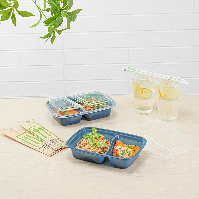 Restaurantware-Asporto 26 Ounce Compartment Take Out Boxes, 100 Microwavable Meal Prep Containers - 2 Compartments, With Clear Plastic Lids, Midnight Blue Plastic Food Containers, Do Not Contain BPA