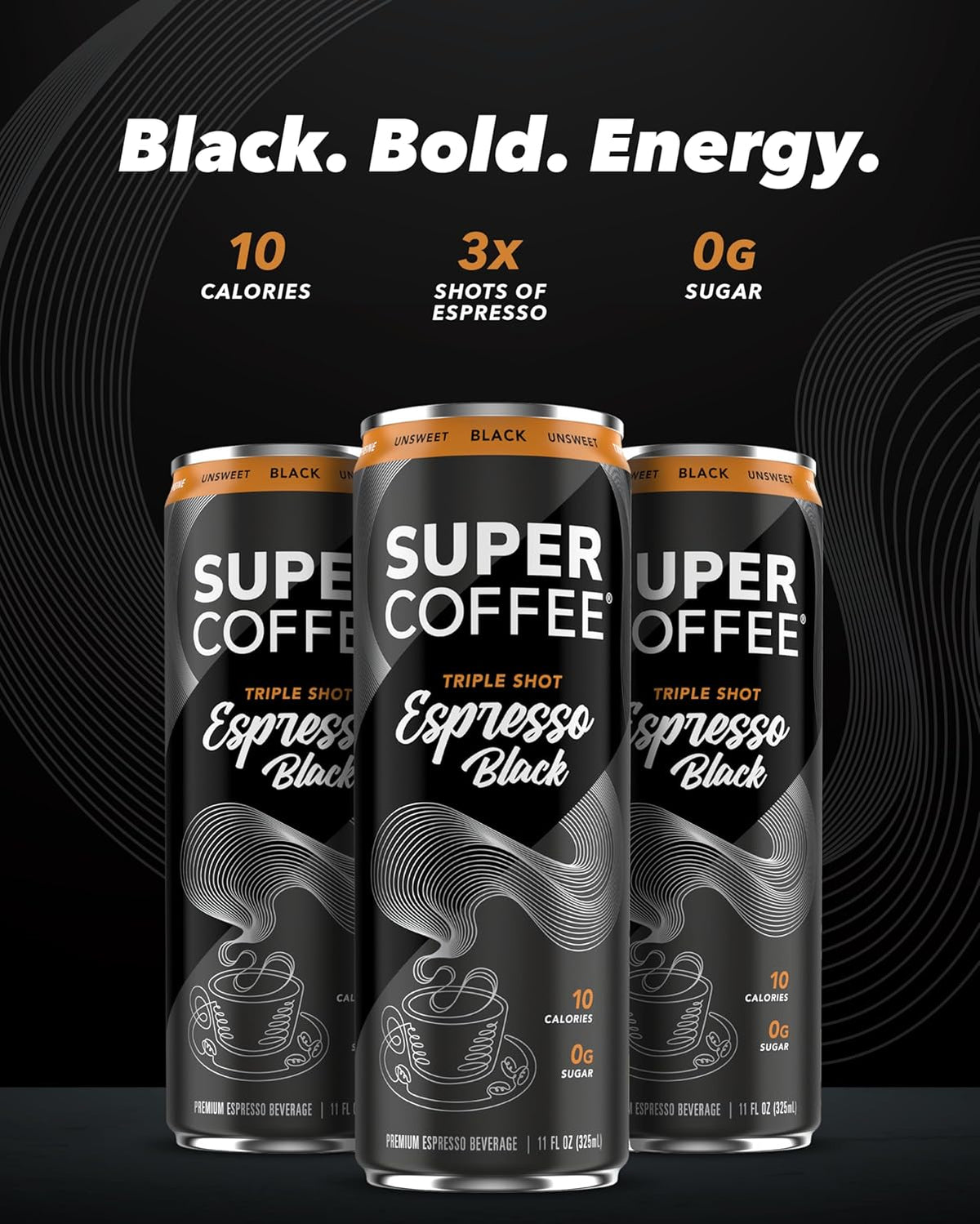 SUPER COFFEE Espresso, Iced Keto Coffee (0g Added Sugar, 10 Calories) [Triple Shot Black] 11 Fl Oz, 12 Pack | Cold Brew, Smart Coffee Drinks - SoyFree GlutenFree