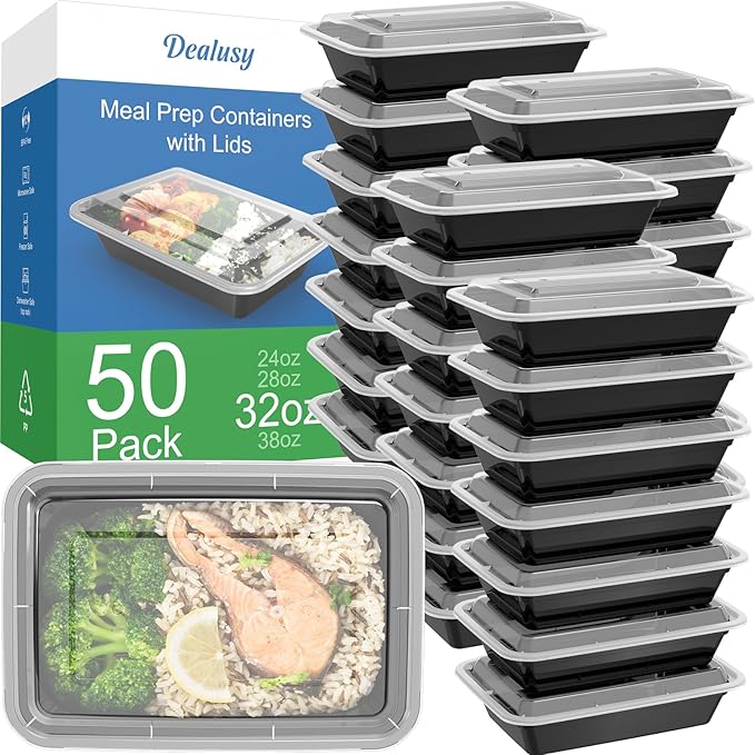50 Pack (100-Piece) 32 oz Meal Prep Containers Reusable with Lids, Sturdy Leakproof & Food Safe, Microwave, Freezer, Dishwasher Safe Prep Containers, To Go Take Out Plastic Food Storage