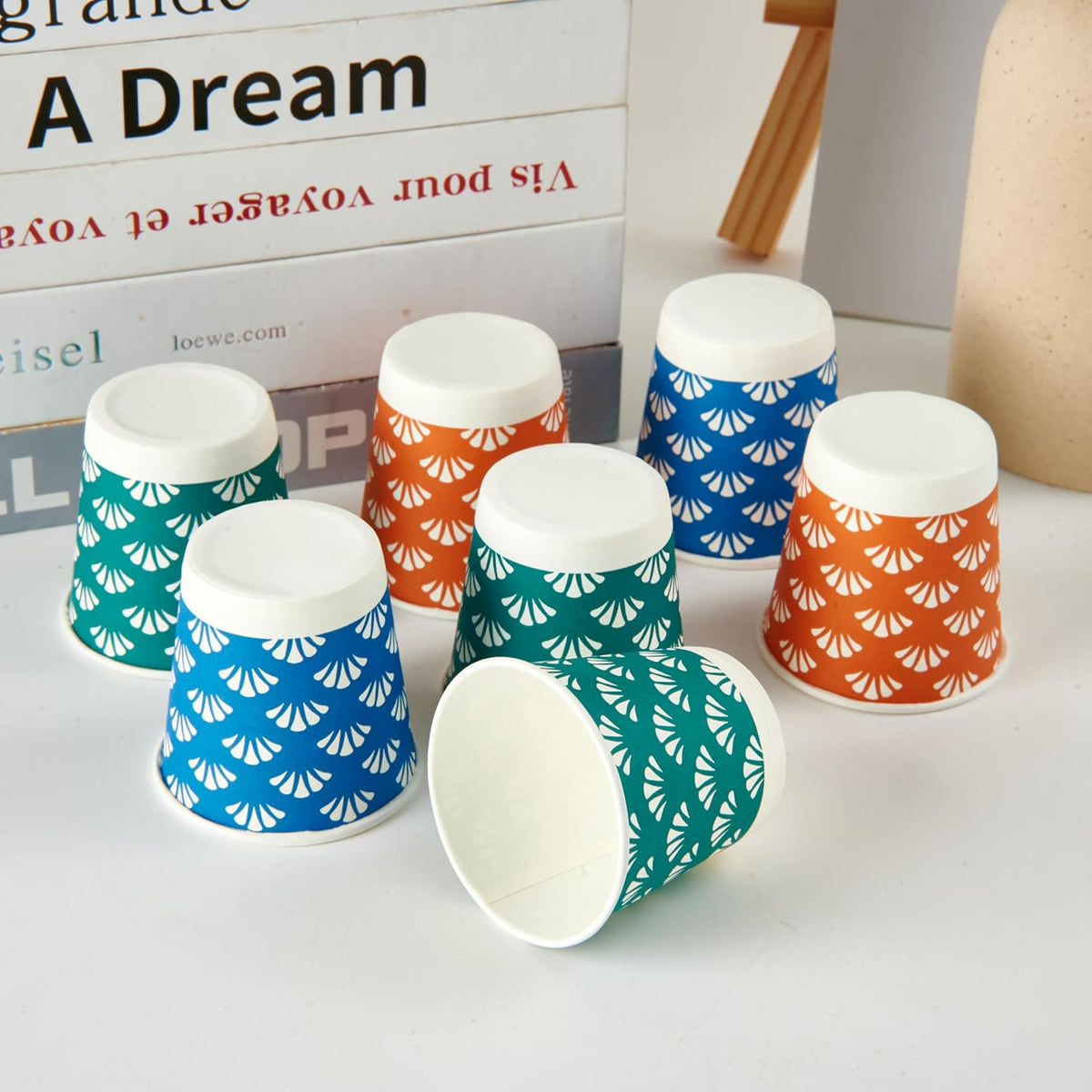 JollyPack 600 Pack 3 oz Disposable Bathroom Paper Cups, Small Mouthwash Cups in Orange, Blue, and Green, Great for Candy, Biscuits, Bathroom Use, Parties, Picnics, and Travel