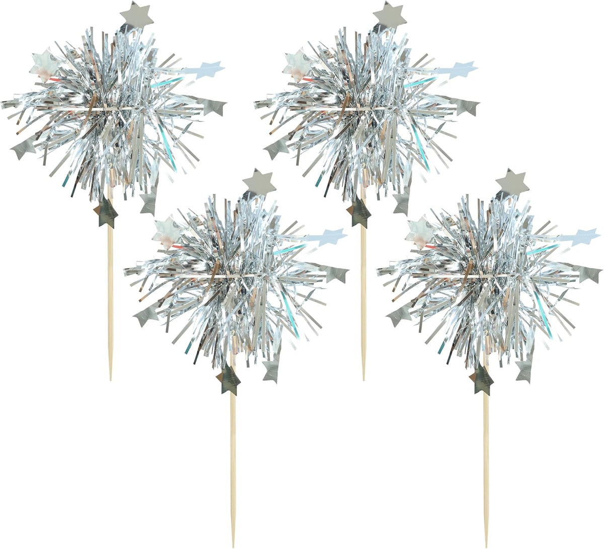 Gyufise 30Pcs Foil Firework Cupcake Toppers Sparkle Tinsel Star Cake Toppers Tinsel Drink Cake Decoration Cocktail Picks for Birthday Wedding Graduation Party Supplies Silver