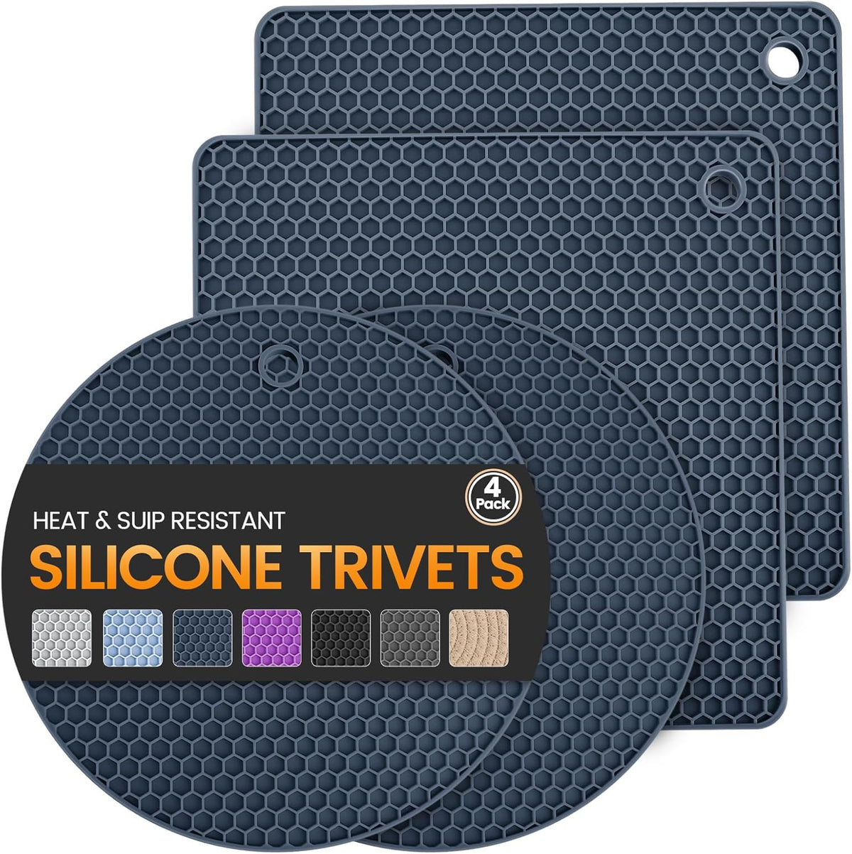 Silicone Trivet Mats 4 Heat Resistant Pot Holders Multipurpose Non-Slip Hot Pads for Kitchen Potholders, Drying mat, Jar Opener, Spoon Holder, Coaster(Navy Blue)