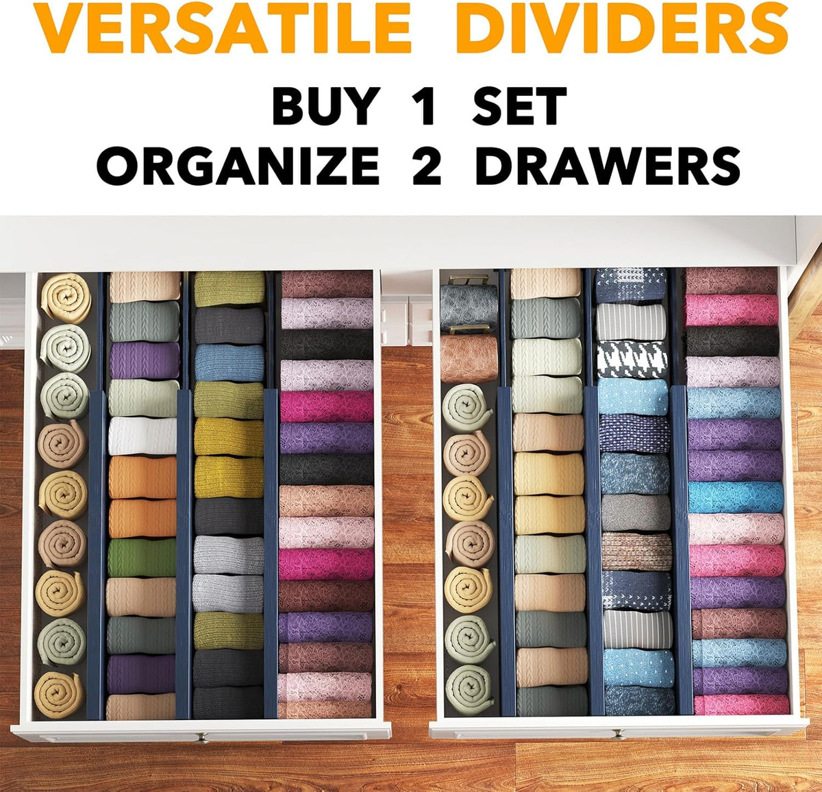 SpaceAid Bamboo Dresser Drawer Dividers 6 Pack, 4.65“ High Adjustable 17“-22” Drawer Organizers, Expandable Organization for Clothing, Clothes, Dressers, Navy Blue
