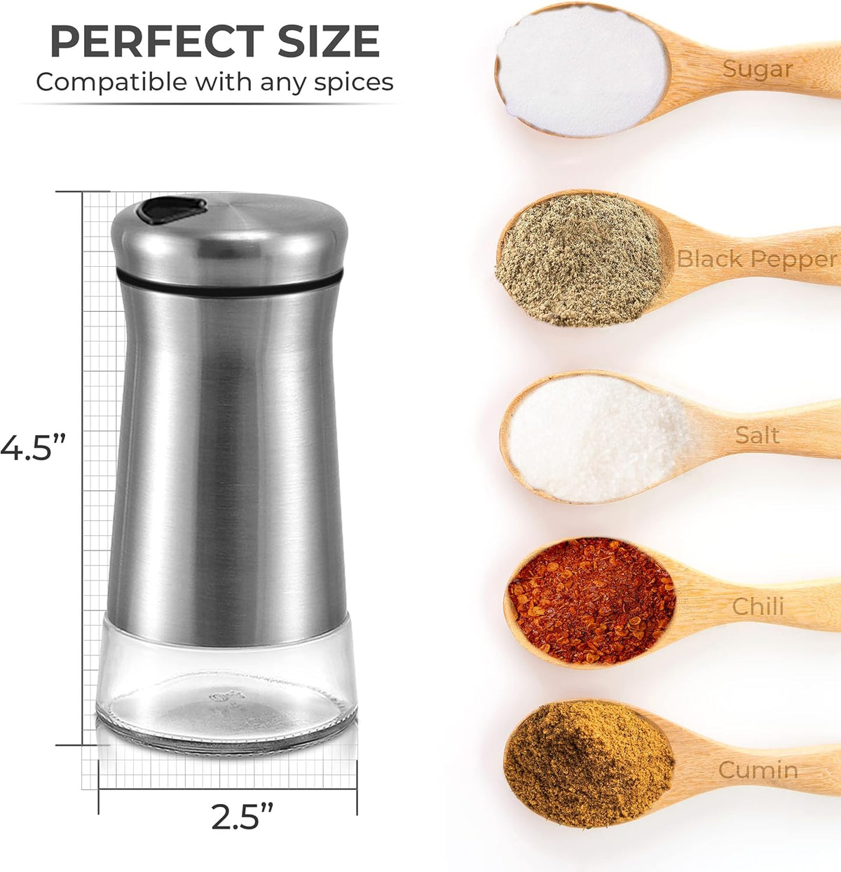Pepper Shaker or Salt Shaker with Adjustable Pour Holes - Elegant Stainless Steel Spice Dispenser - Perfect for Himalayan, Table Salt, White and Black Pepper (Pepper Shaker)