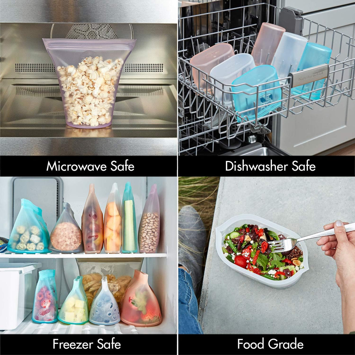 Zip Top Reusable Food Storage Bags | Snack Bag [Frost] | Silicone Meal Prep Container | Microwave, Dishwasher and Freezer Safe | Made in the USA