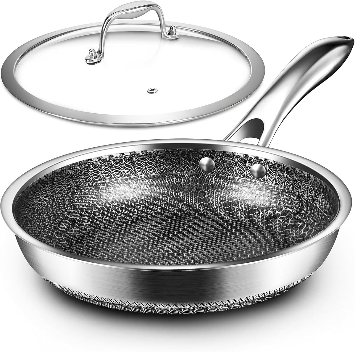 MDHAND 12 Inch Nonstick Frying Pan with Tempered Glass Lid, Premium Stainless Steel Skillet with Stay-Cool Handle, Dishwasher-Friendly, Oven-Safe, Induction Ready, Compatible with All Cooktops