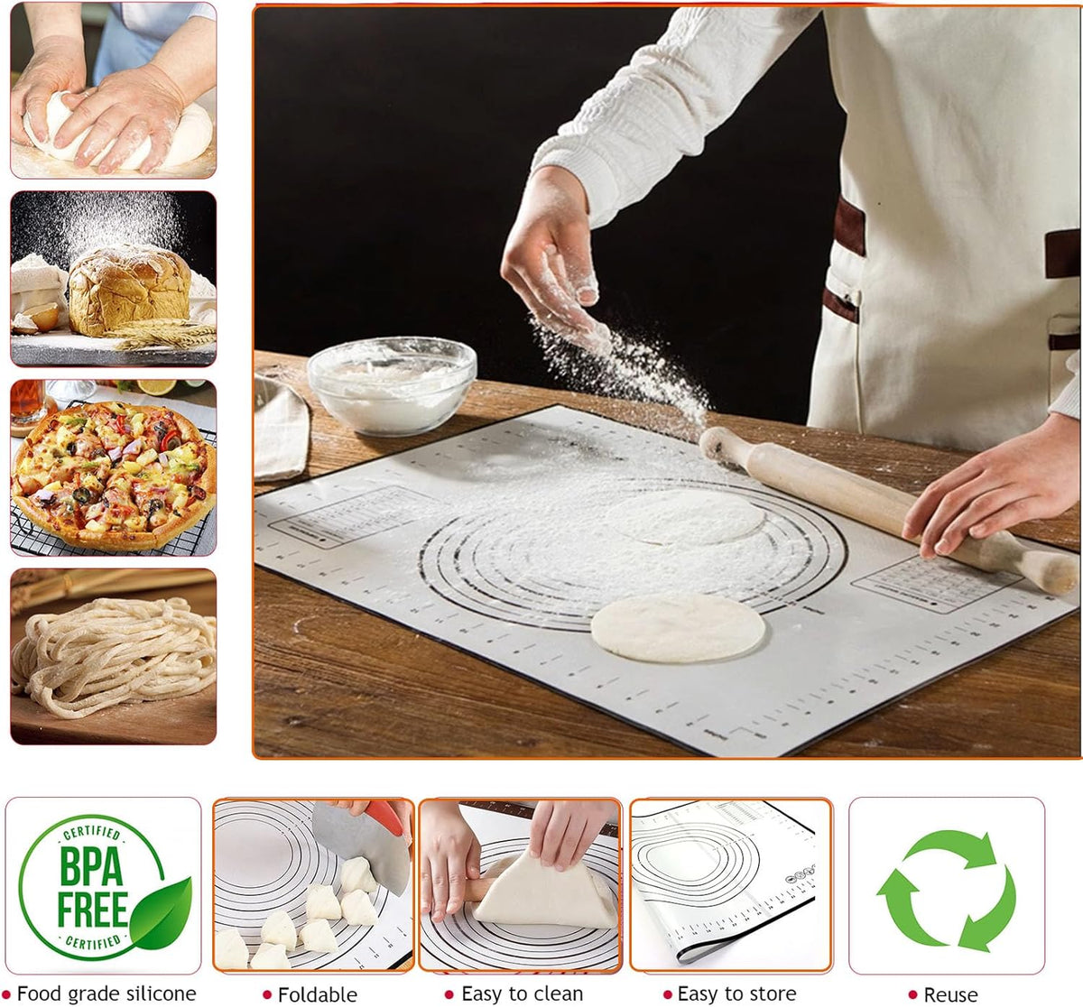 Adjustable Rolling Pin 4 Set and Silicone Baking Pastry Mat Setpastry,Siliconebrush and spatul,AdjustableThickness Rings,Wooden Dough Roller Rolling Pins for Baking Dough, Pizza, Pie