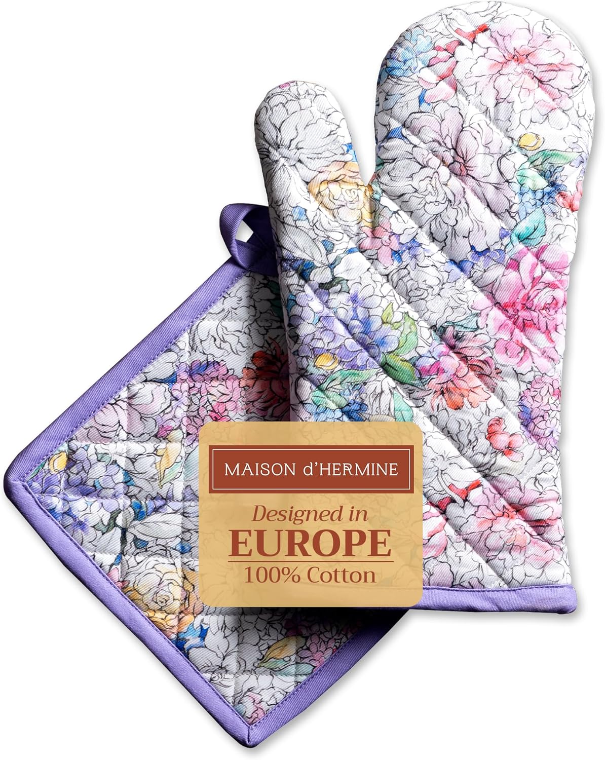 Maison d' Hermine 100% Cotton Oven Mitt & Pot Holder Set (7.5"x13" & 8"x8") Heat Resistant BBQ Cooking Gloves with Loop, Baking, Grilling, Kitchen, Handling Hot Pans Spring/Summer (Floral Love)