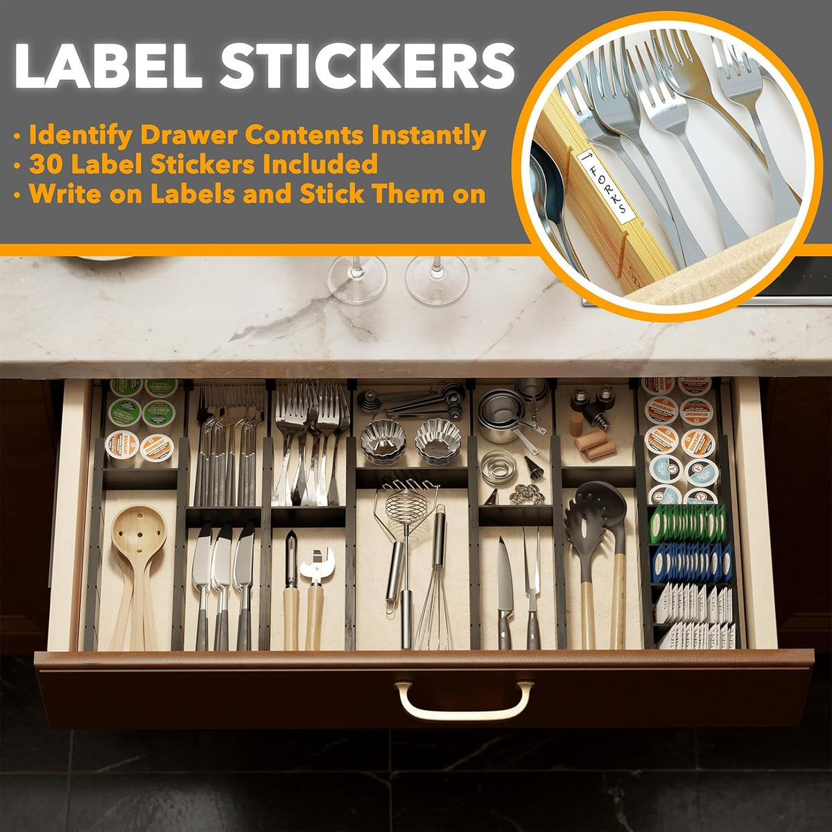 SpaceAid Bamboo Drawer Dividers with Inserts and Labels, Kitchen Adjustable Drawer Organizers, Expandable Organization for Home, Office, Dressers, 10 Dividers with 24 Inserts (17"-22" Black)