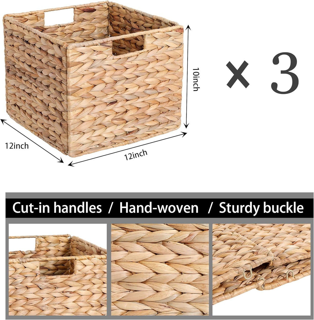 12x12x10 Water Hyacinth Folding Cube Wicker Storage Basket for Shelves, Pantry, Kitchen Organization and Storage