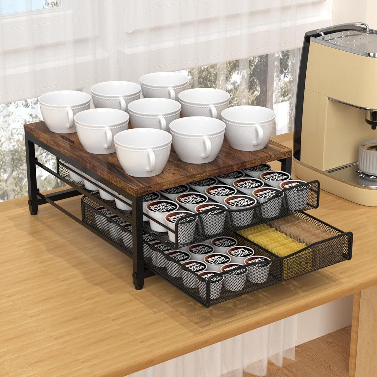 Coffee Pod Holder For Counter, Wooden K Cup Holder with Sliding Drawer, Large Capacity Coffee Pod Storage for Coffee Station, Home, Office, Kitchen