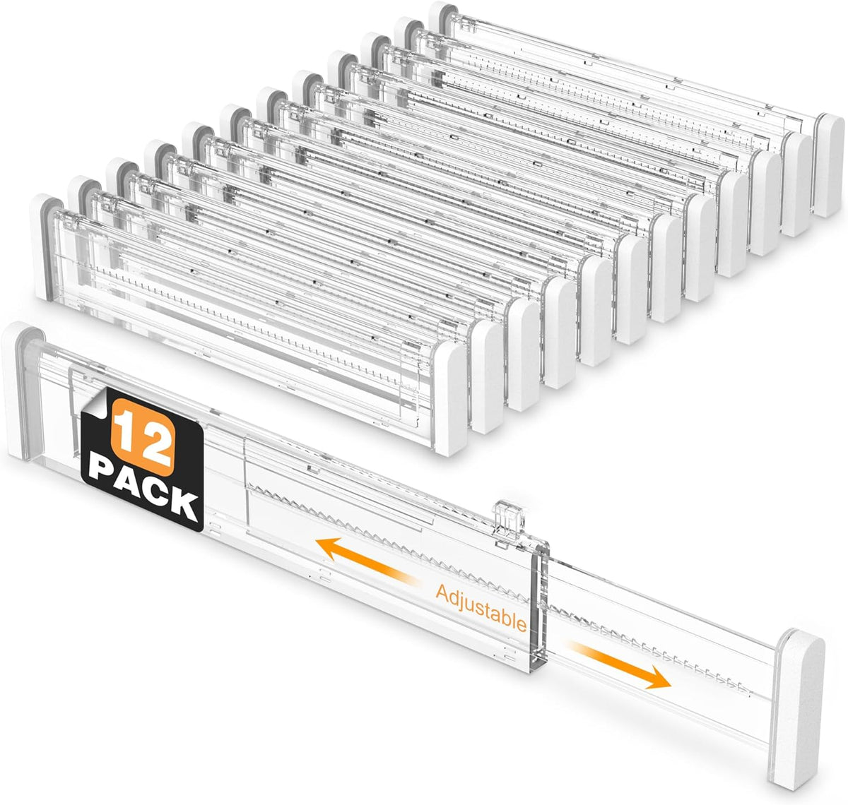 HiYZ Expandable Drawer Dividers - 12.6-22.8'' Adjustable Drawers Organizers for Kitchen Utensils, Drawer Separators in Bedroom, Dresser, Office, Bathroom, Fridge, 12 Pack Long Dividers-Clear