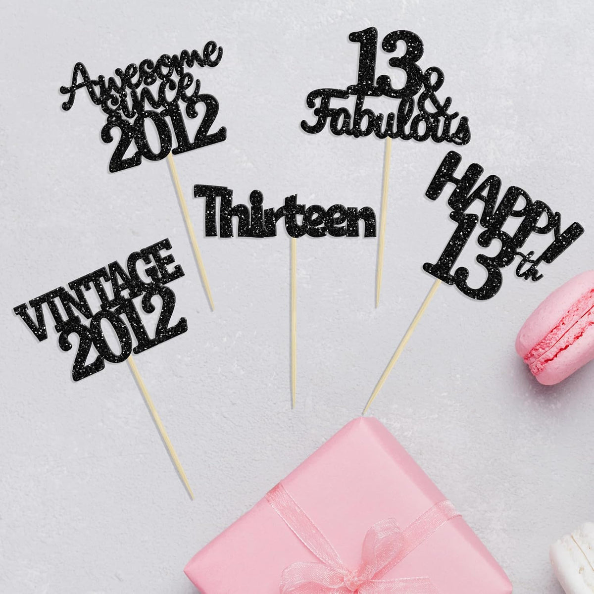 Gyufise 30Pcs Vintage 2012 Cupcake Toppers Glitter Thirteen Happy 13th Cupcake Picks Happy 13th Birthday Cake Decorations for Happy 13th Birthday Anniversary Party Supplies Black