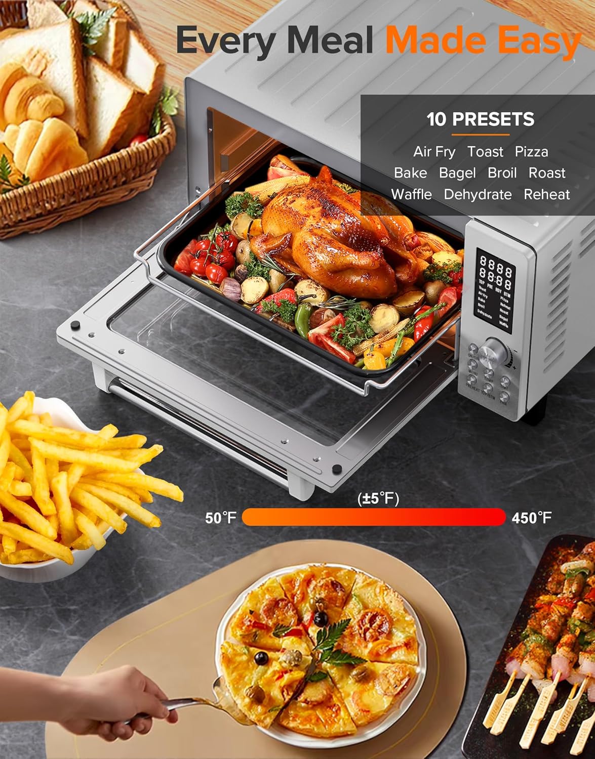 Nuwave Bravo Pro Smart 21QT Toaster Oven Air Fryer Combo, Convection Oven Countertop, 10 functions all in 1, with even & quick crisp technology, 50-450°F, 1800W, Stainless Steel