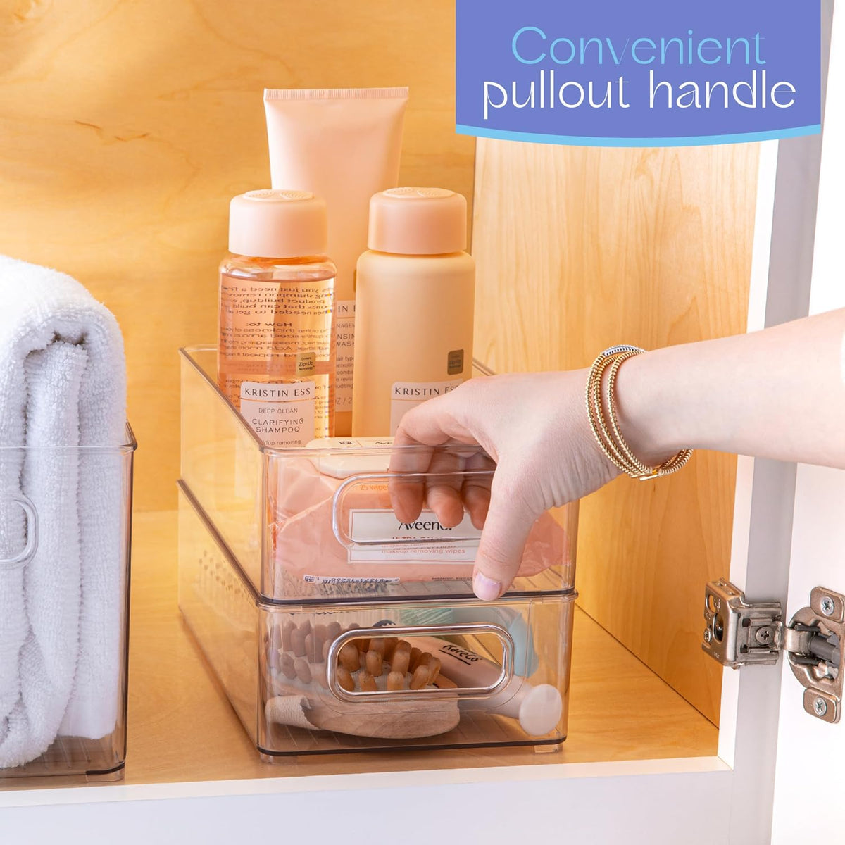 Plastic Food Storage Clear Container Bin with Handles for Organizing Kitchen, Pantry, Refrigerator, Freezer, Pantry, Cabinet, Closet, Bathroom. Stackable 10”x6”x3”