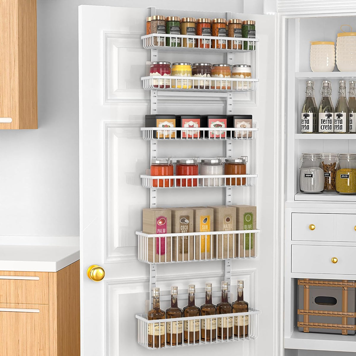 Moforoco 6-Tier Over The Door Pantry Organizer, Pantry Organization and Storage, Black Hanging Basket Wall Spice Rack Seasoning Shelves, Home & Kitchen Laundry Room Bathroom Essentials accessories