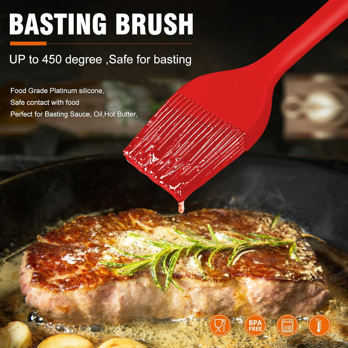 Walfos Silicone Basting Pastry Brush, Heat Resistant Pastry Brush Set, Strong Steel Core and One-Pieces Design, Perfect for BBQ Grill Baking Kitchen Cooking, BPA Free and Dishwasher safe, 2 Pcs (red)