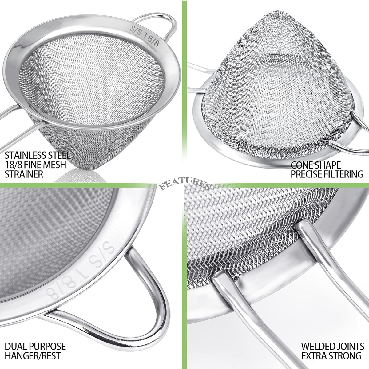2 Pack Stainless Steel 18/8 Small Food Strainer, Fine Mesh Sieve with Long Handle, Cocktail Strainer For Cocktails, Tea Herbs, Coffee & Drinks, Rust Proof & Great as Tea Strainer, 3.5inch