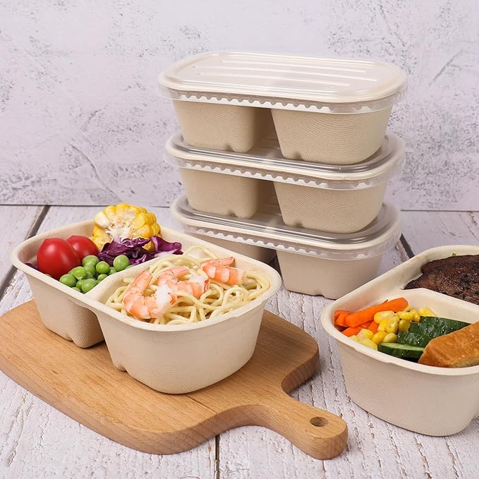 28 oz Disposable bowls with lids, 2 Compartments Sugarcane Fiber Food Container, Food Storage, 50 Pack