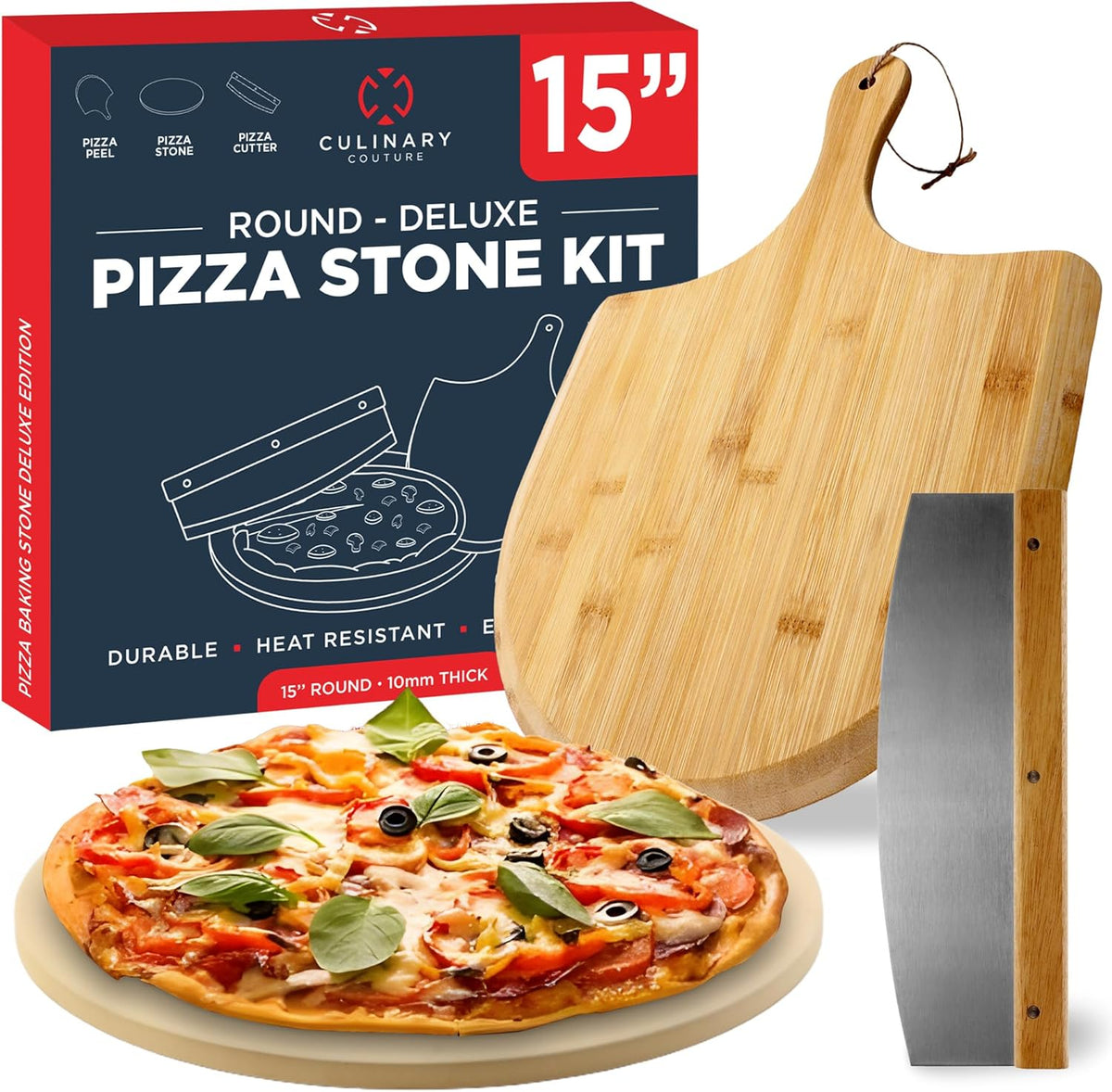 3PCS Round Pizza Stone for Oven Set 15" - Comes with Pizza Peel for Oven and Cutter - Cordierite Stones for Bread, Calzone, Cookies