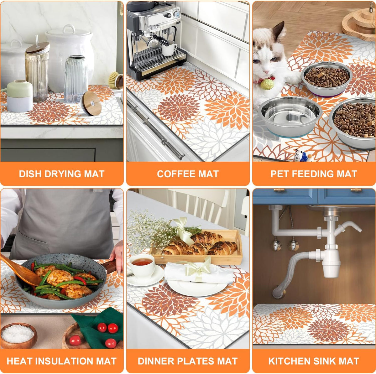 Findosom 2PCS 12" x 20" Dish Drying Mat & 24" x 5.5" Sink Splash Guard, Super Absorbent & Cuttable Dish Mat Drying Kitchen Mat with Orange Floral, Hide Stain Drying Mat for Kitchen Counter