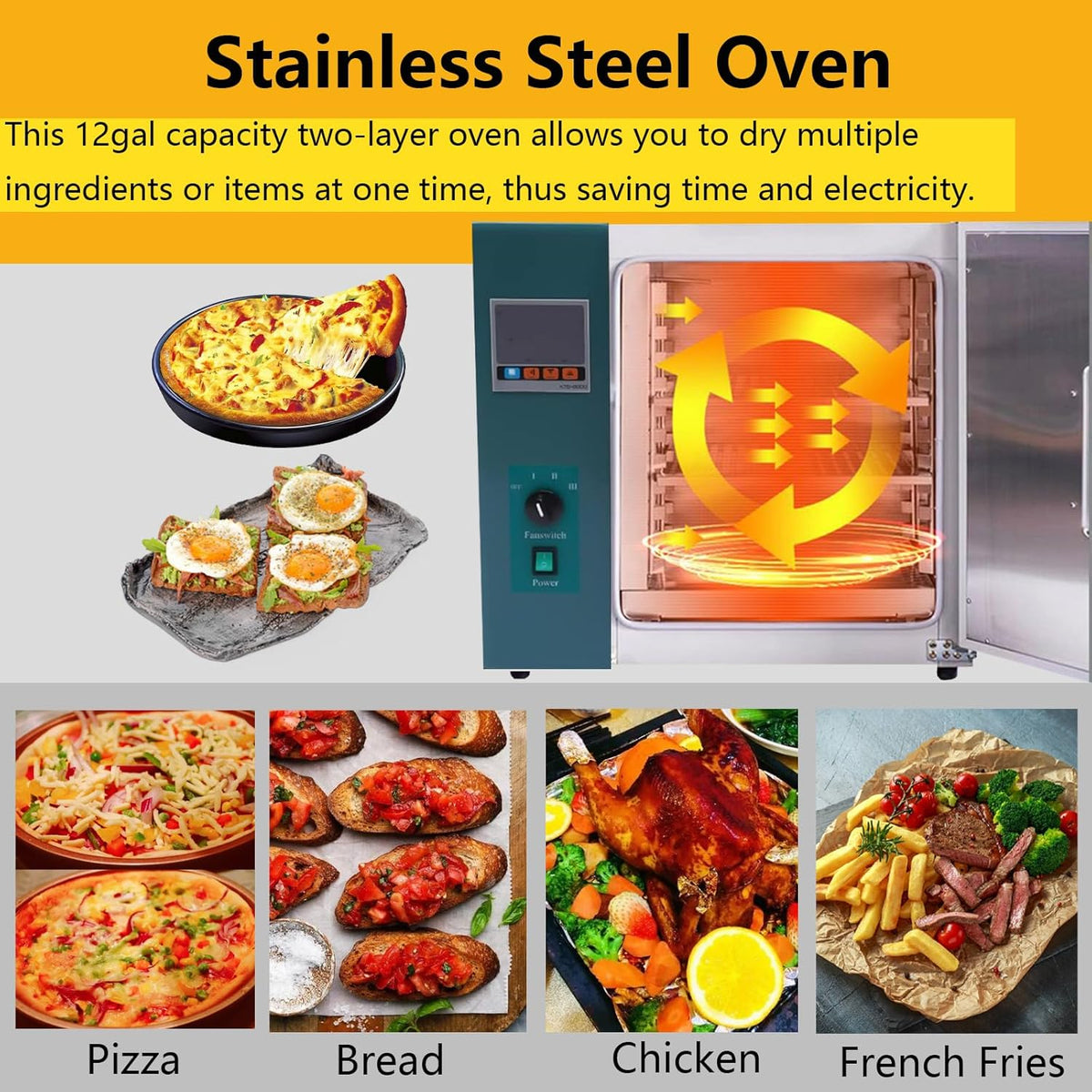 Digital Forced Air Convection Drying Toaster Oven Oven Heat 45L Industrial Lab Temperature Control Adjustable Fan Speed 110V 1500W, Stainless Steel,(350mm*350mm*350mm Chamber)