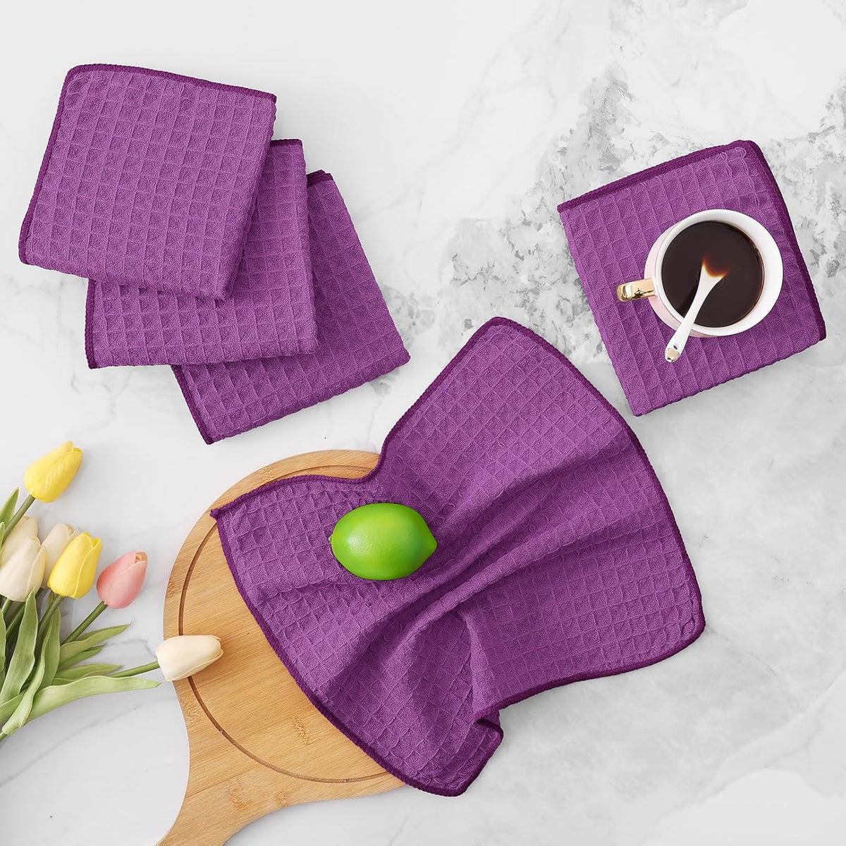 Homaxy Microfiber Waffle Weave Kitchen Dish Cloths, 12 x 12 Inch Ultra Absorbent and Solid Color Dish Towels for Kitchen Fast Drying Dishcloth for Washing Dishes, 6 Pack, Purple