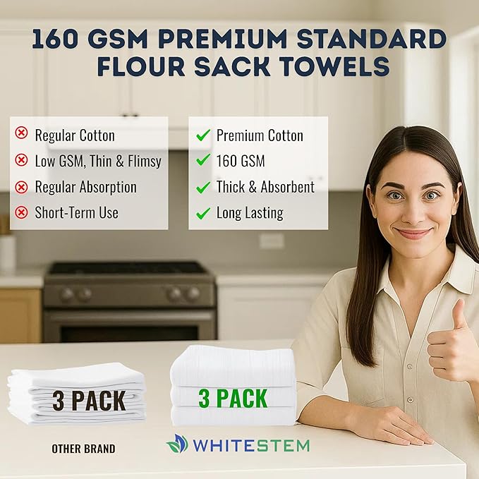 Flour Sack Tea Towel for Crafts| Kitchen Dish Cotton Blank Towel for Embroidery| Baking Bread Proofing Linen Cover| Thick Absorbent Quick Dry | 3 Pack 28"x28" White